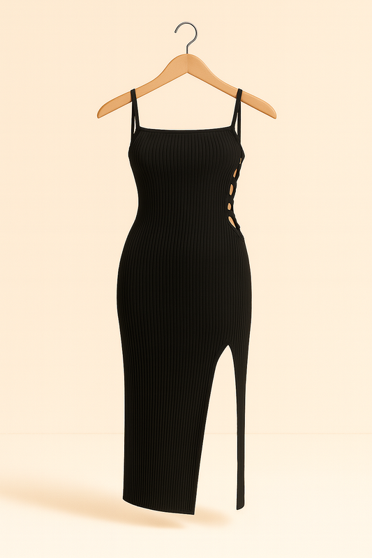 Vestido Midi Negro Halter con Abertura Alta