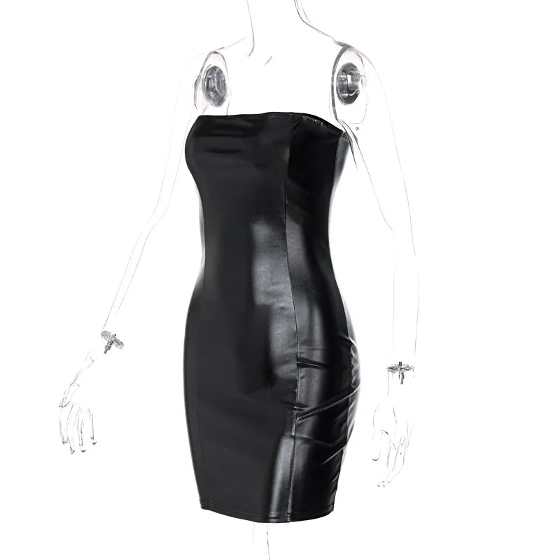 Mujer verano Sexy fiesta sin tirantes ceñido al cuerpo Pu cuero ajustado paquete cadera negro Mini vestido veraniego ropa femenina