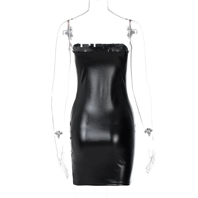 Mujer verano Sexy fiesta sin tirantes ceñido al cuerpo Pu cuero ajustado paquete cadera negro Mini vestido veraniego ropa femenina