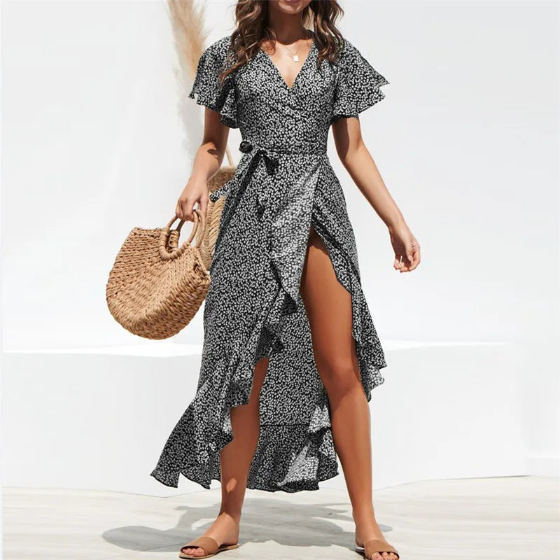 Vestido playero largo sexi con flores para mujer, vestido bohemio de gasa largo con volantes estampado, vestido entallado informal con cuello de pico y abertura de verano