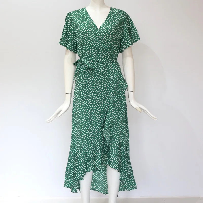 Vestido playero largo sexi con flores para mujer, vestido bohemio de gasa largo con volantes estampado, vestido entallado informal con cuello de pico y abertura de verano