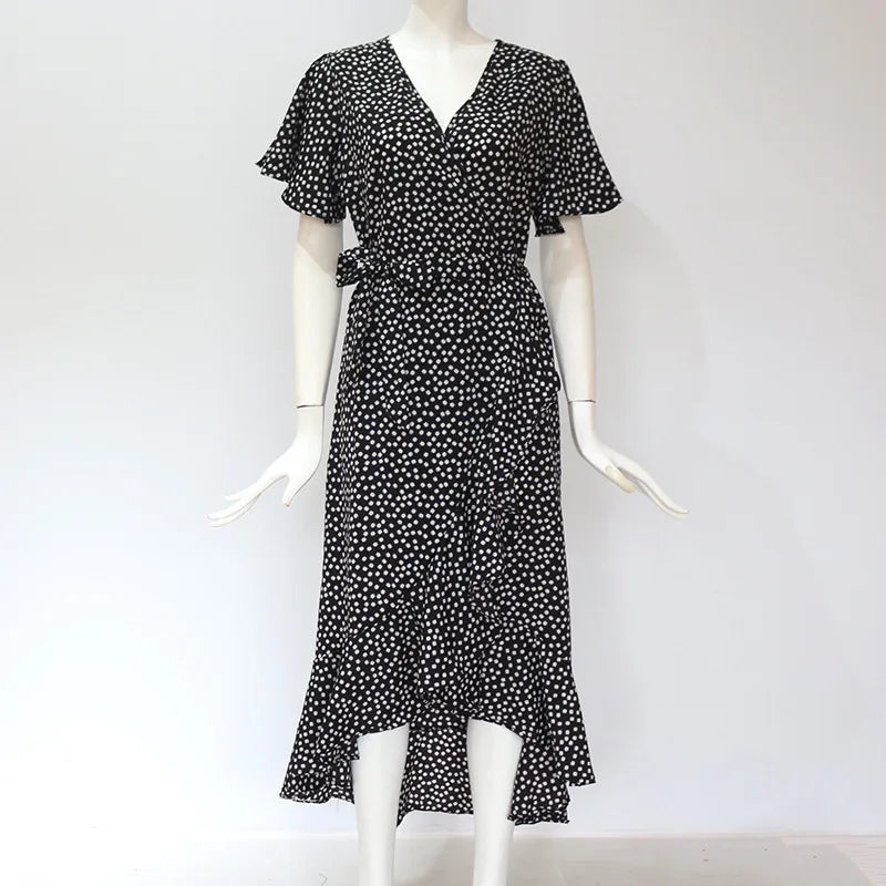 Vestido playero largo sexi con flores para mujer, vestido bohemio de gasa largo con volantes estampado, vestido entallado informal con cuello de pico y abertura de verano