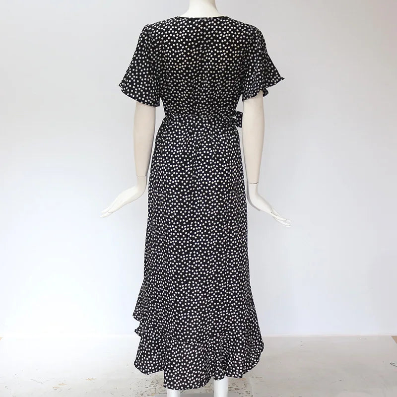 Vestido playero largo sexi con flores para mujer, vestido bohemio de gasa largo con volantes estampado, vestido entallado informal con cuello de pico y abertura de verano