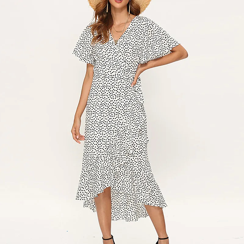 Vestido playero largo sexi con flores para mujer, vestido bohemio de gasa largo con volantes estampado, vestido entallado informal con cuello de pico y abertura de verano