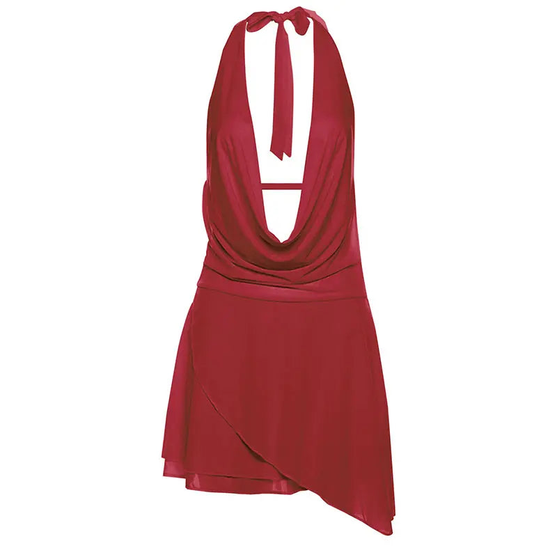 Minivestidos de verano para mujer, moda lisa, sin mangas, Sexy, sin espalda, pecho bajo, cuello en V, vestidos Halter, ropa de calle informal, vestido femenino