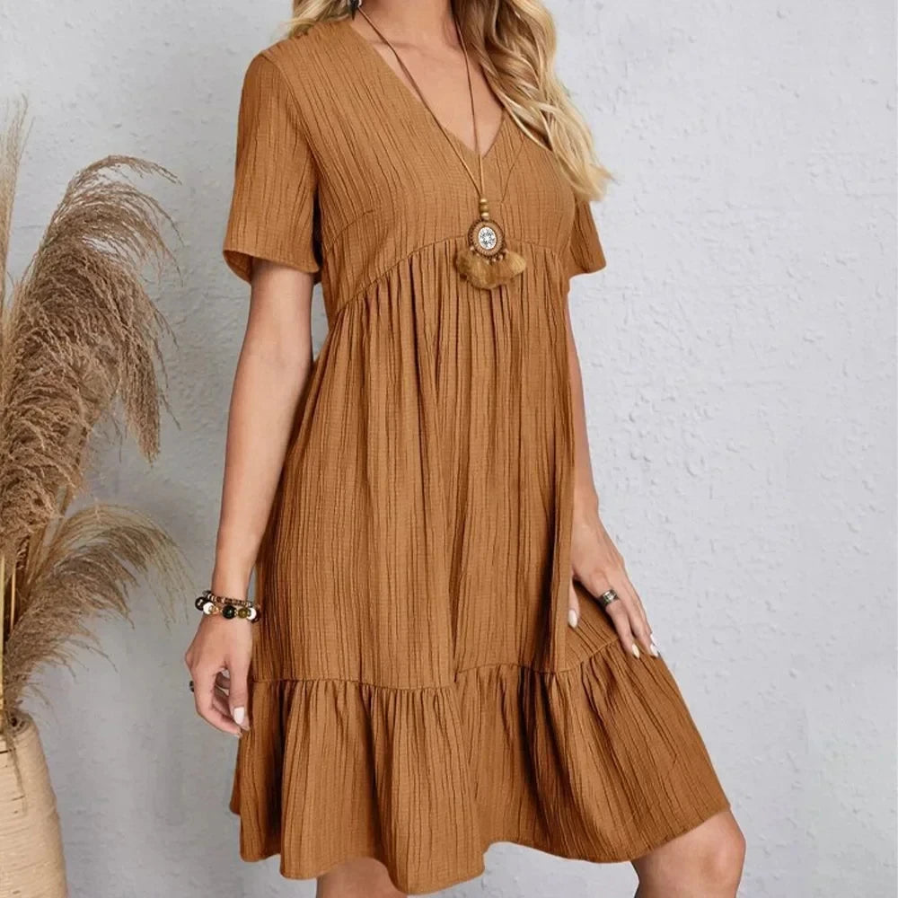 Vestidos de verano para mujer, vestidos de primavera con cuello en V, manga corta, cintura suelta, volantes, acampanados, vestidos de vocación
