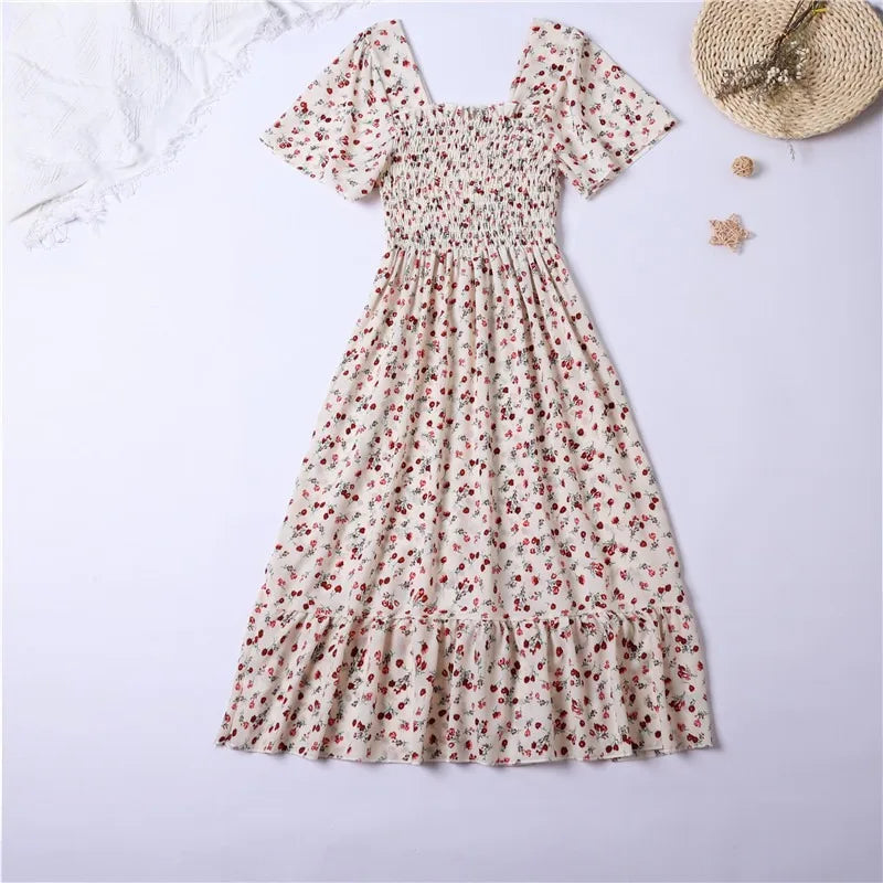 Vestido de gasa de primavera y verano para mujer, vestidos por debajo de la rodilla, manga corta, cintura elástica, estampado Floral, plisado, vestido informal sin espalda