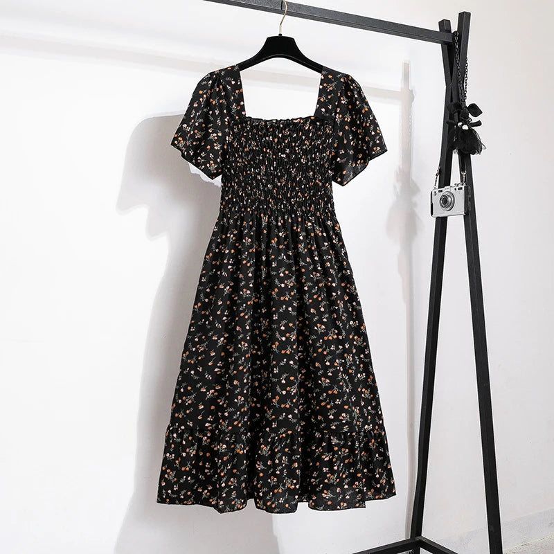Vestido de gasa de primavera y verano para mujer, vestidos por debajo de la rodilla, manga corta, cintura elástica, estampado Floral, plisado, vestido informal sin espalda