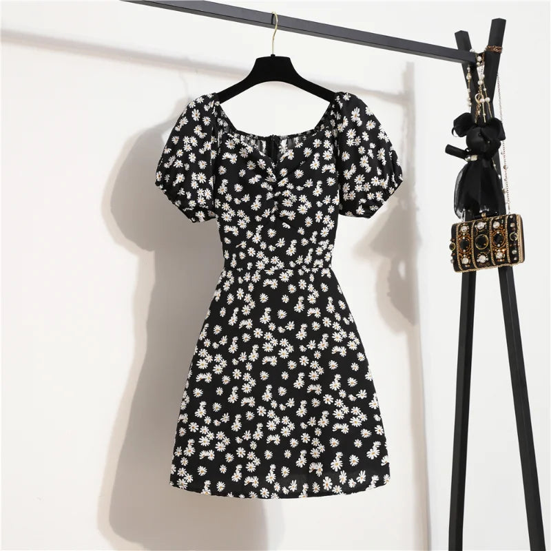 Minivestidos de mujer, moda de verano, Vestidos femeninos con estampado Floral, Vestidos de gasa fruncidos, plisado, manga corta acampanada, vestido informal