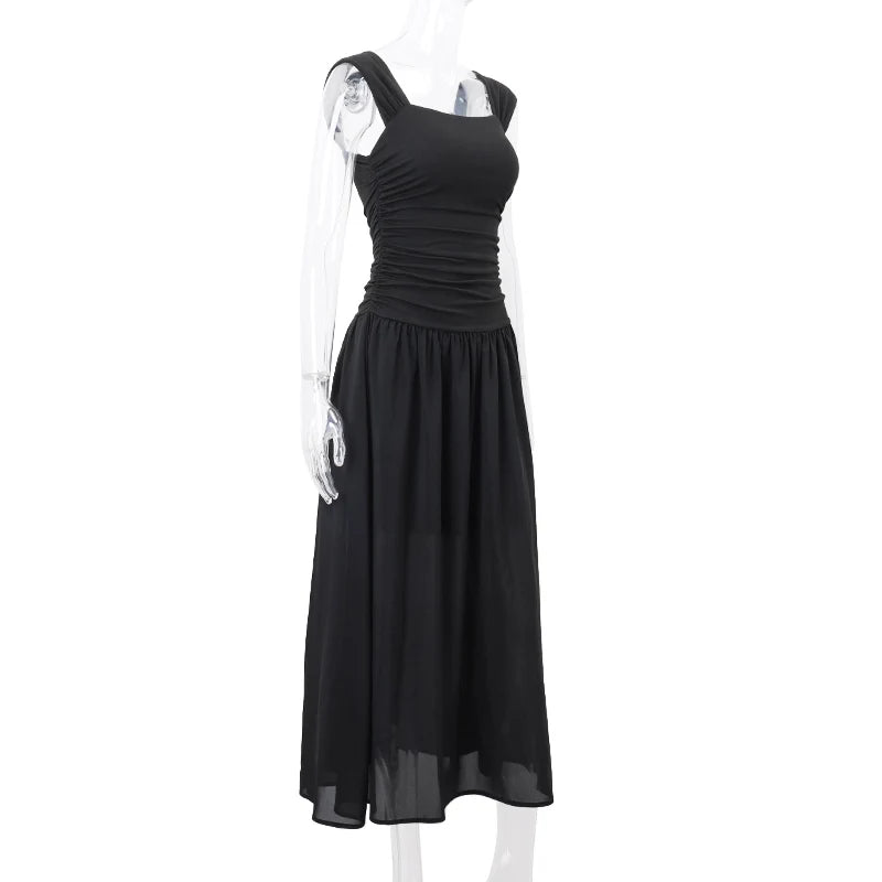 WhereMery-Vestidos largos elegantes para mujer, vestido largo liso fruncido, Sexy, primavera Y2K, temperamento de verano, Vestidos de cintura alta