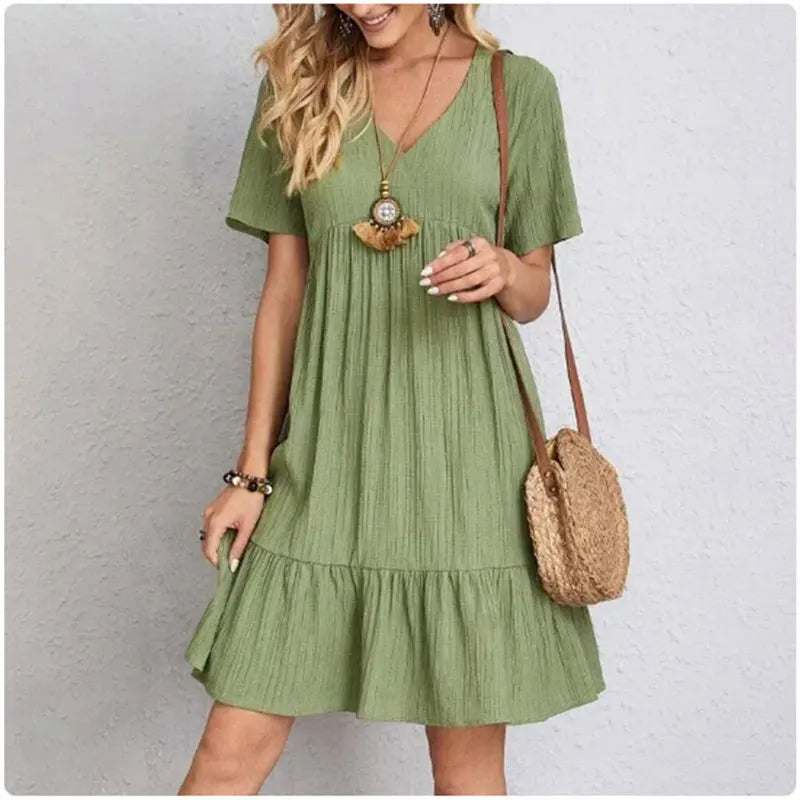 Vestidos de verano para mujer, vestidos de primavera con cuello en V, manga corta, cintura suelta, volantes, acampanados, vestidos de vocación