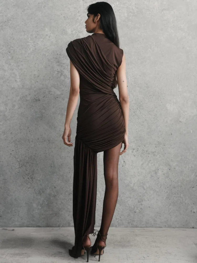 Mozision-minivestido Sexy fruncido drapeado Irregular para mujer, elegante vestido de fiesta plisado de cintura alta sin mangas con cuello alto