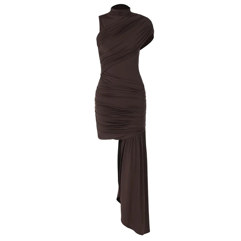 Mozision-minivestido Sexy fruncido drapeado Irregular para mujer, elegante vestido de fiesta plisado de cintura alta sin mangas con cuello alto