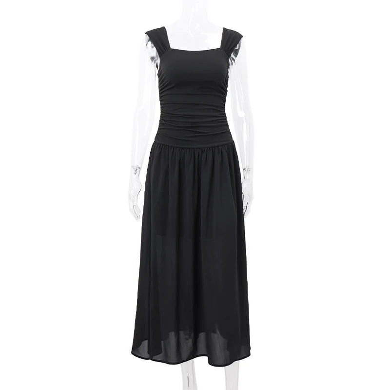 WhereMery-Vestidos largos elegantes para mujer, vestido largo liso fruncido, Sexy, primavera Y2K, temperamento de verano, Vestidos de cintura alta
