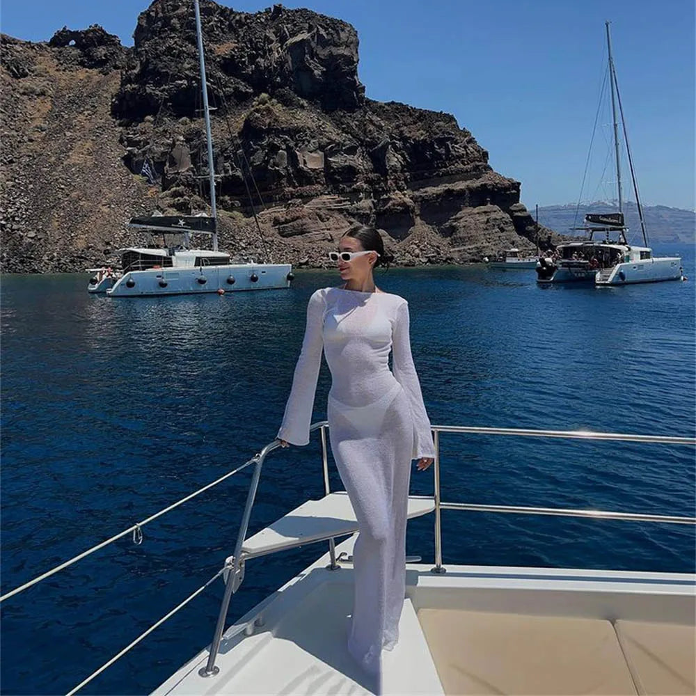 Vestido envuelto para mujer a la moda, manga larga, cuello redondo, transparente, protector solar, Color sólido, sin espalda, vestido largo de playa, cubierta de verano