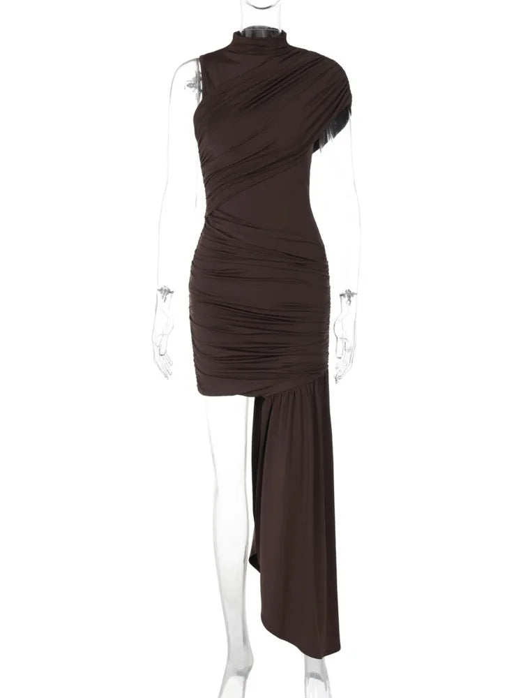 Mozision-minivestido Sexy fruncido drapeado Irregular para mujer, elegante vestido de fiesta plisado de cintura alta sin mangas con cuello alto