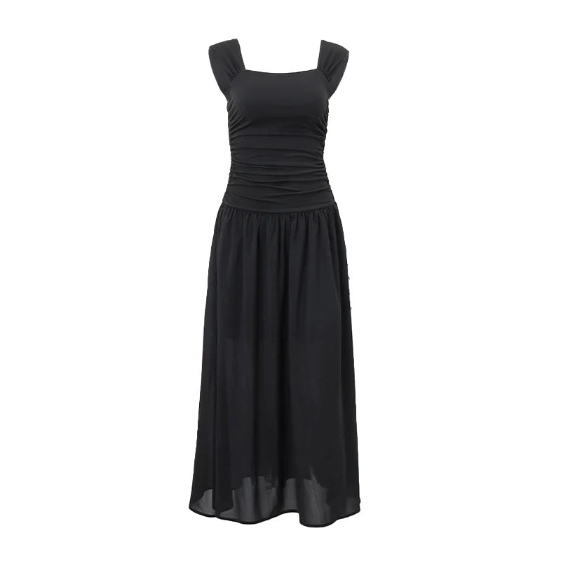 WhereMery-Vestidos largos elegantes para mujer, vestido largo liso fruncido, Sexy, primavera Y2K, temperamento de verano, Vestidos de cintura alta