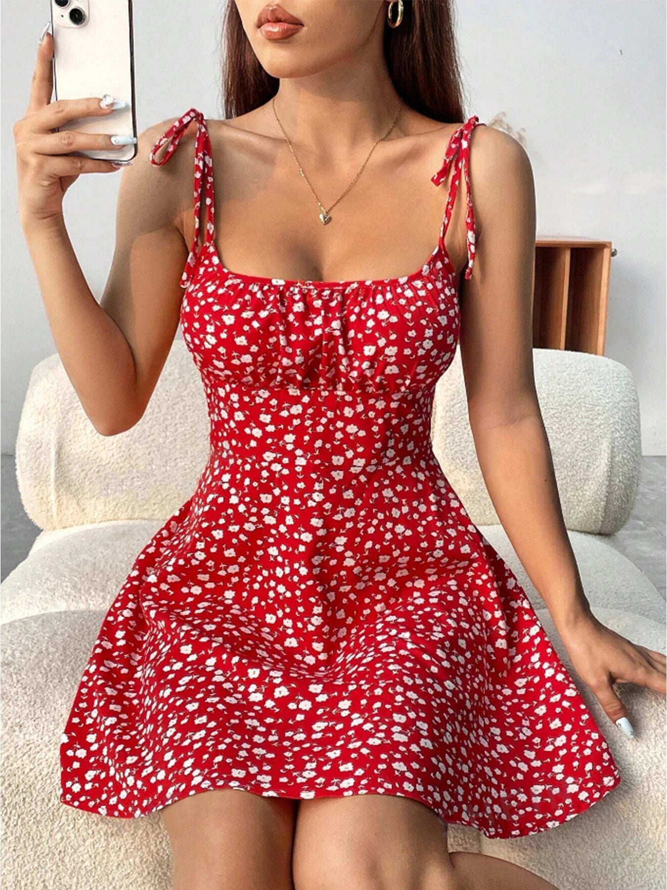 Vestido de tirantes finos con estampado floral, vestido elegante de tirantes atados con pliegues y espalda descubierta estilo de vacaciones para primavera y verano, C para mujer