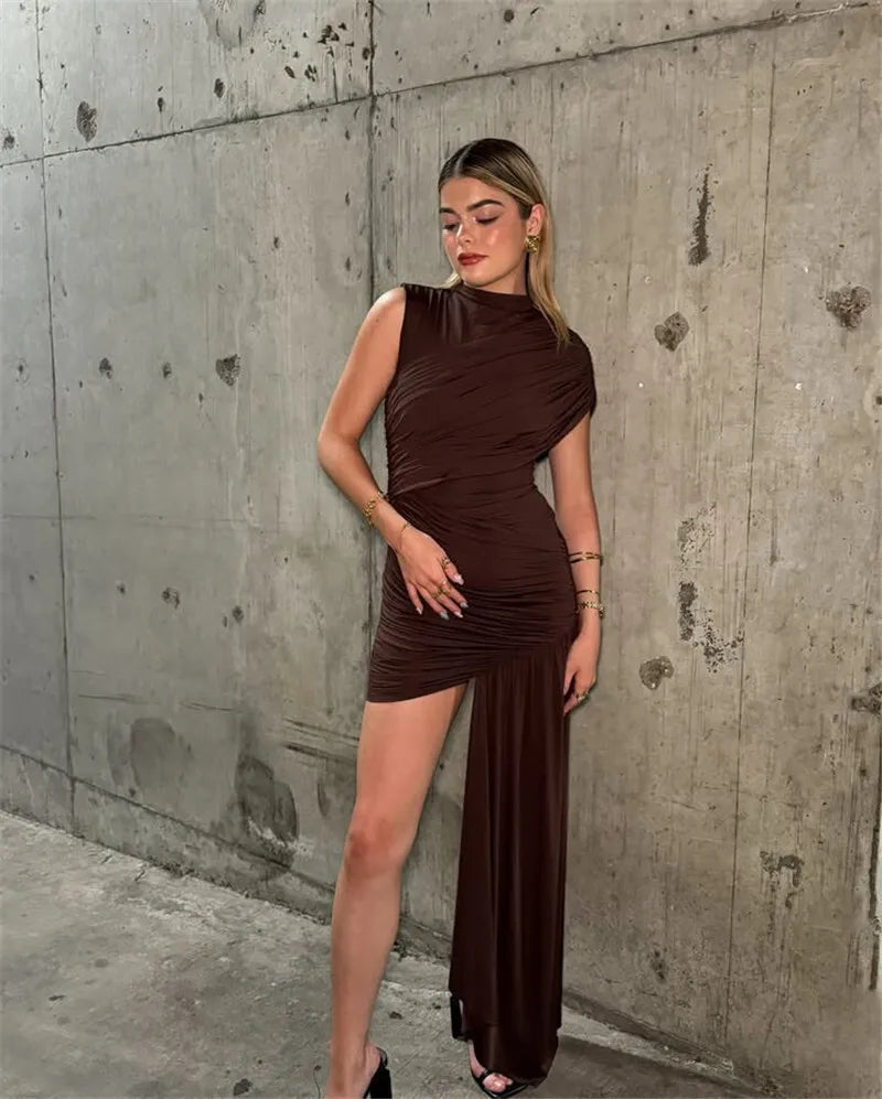 Mozision-minivestido Sexy fruncido drapeado Irregular para mujer, elegante vestido de fiesta plisado de cintura alta sin mangas con cuello alto