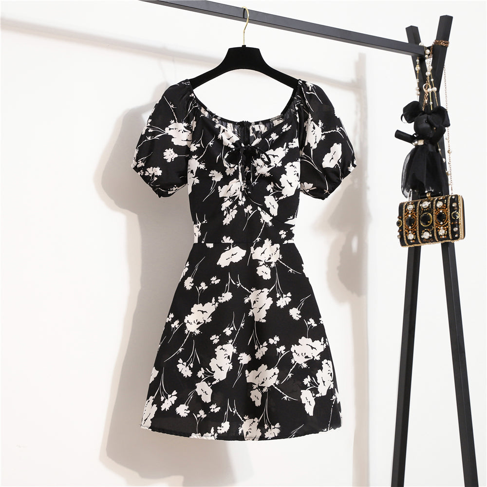 Minivestidos de mujer, moda de verano, Vestidos femeninos con estampado Floral, Vestidos de gasa fruncidos, plisado, manga corta acampanada, vestido informal