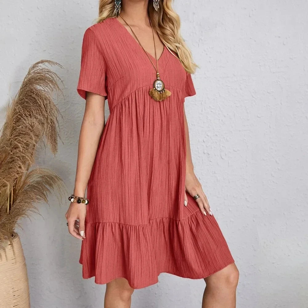 Vestidos de verano para mujer, vestidos de primavera con cuello en V, manga corta, cintura suelta, volantes, acampanados, vestidos de vocación