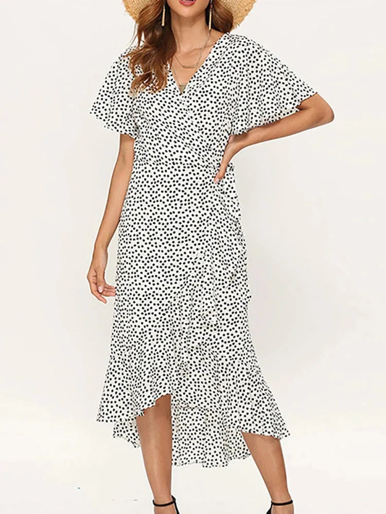 Vestido playero largo sexi con flores para mujer, vestido bohemio de gasa largo con volantes estampado, vestido entallado informal con cuello de pico y abertura de verano