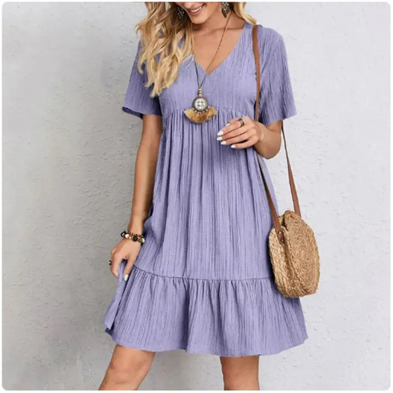 Vestidos de verano para mujer, vestidos de primavera con cuello en V, manga corta, cintura suelta, volantes, acampanados, vestidos de vocación