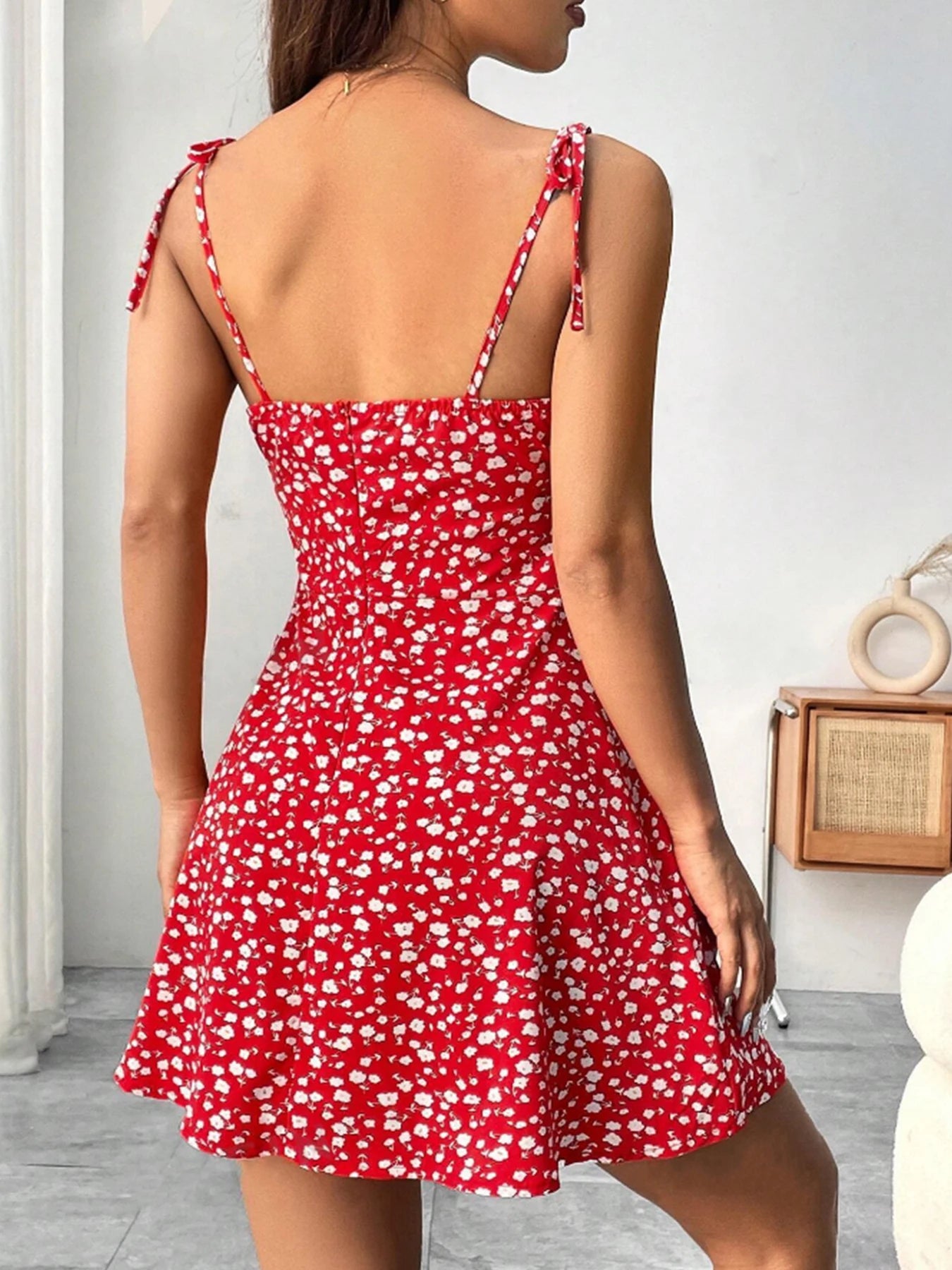 Vestido de tirantes finos con estampado floral, vestido elegante de tirantes atados con pliegues y espalda descubierta estilo de vacaciones para primavera y verano, C para mujer