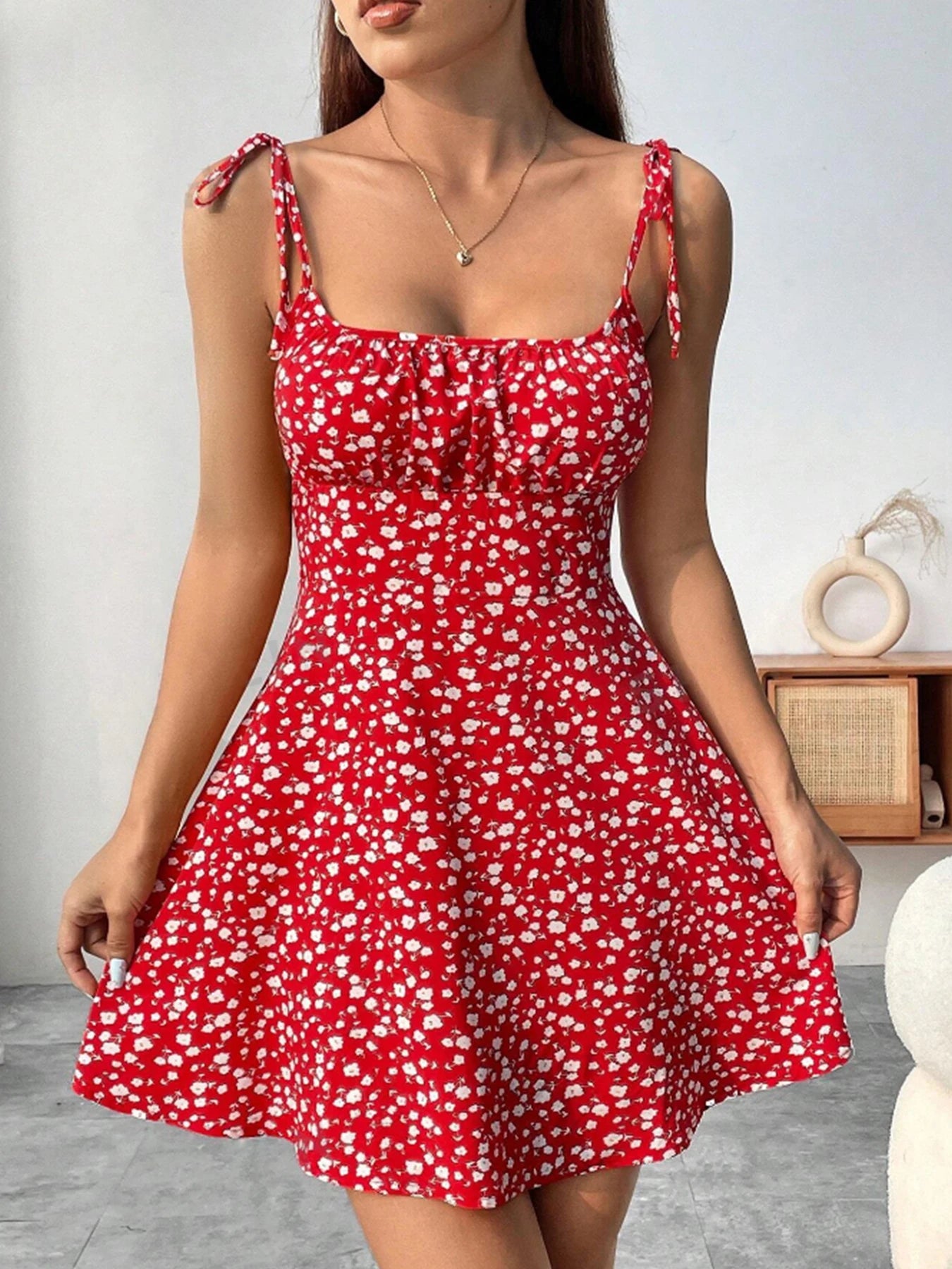 Vestido de tirantes finos con estampado floral, vestido elegante de tirantes atados con pliegues y espalda descubierta estilo de vacaciones para primavera y verano, C para mujer