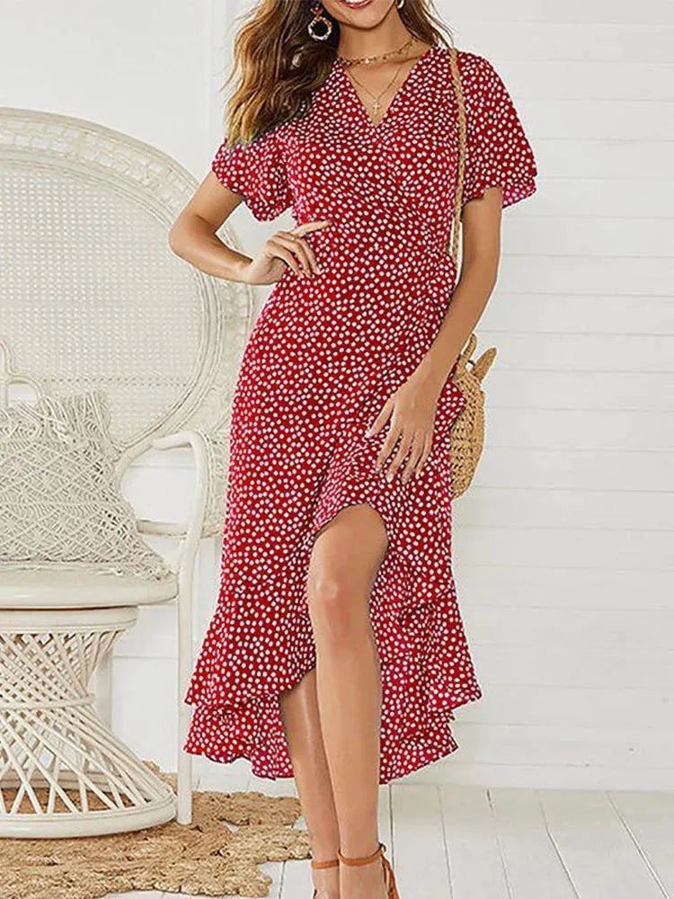 Vestido playero largo sexi con flores para mujer, vestido bohemio de gasa largo con volantes estampado, vestido entallado informal con cuello de pico y abertura de verano