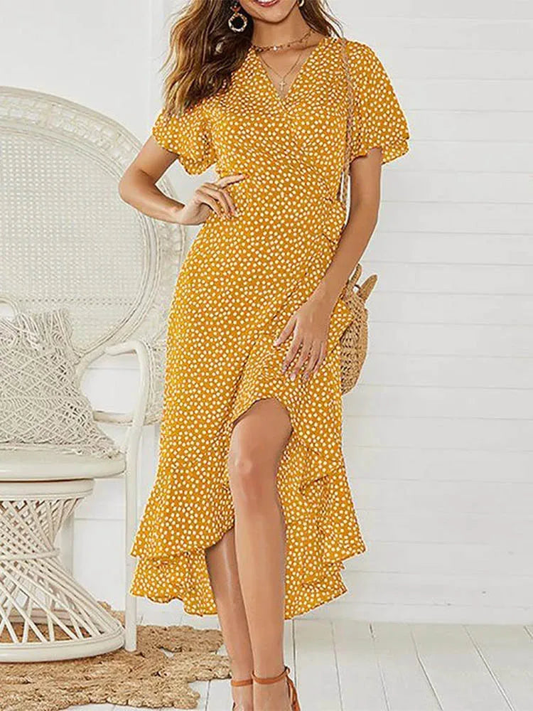 Vestido playero largo sexi con flores para mujer, vestido bohemio de gasa largo con volantes estampado, vestido entallado informal con cuello de pico y abertura de verano