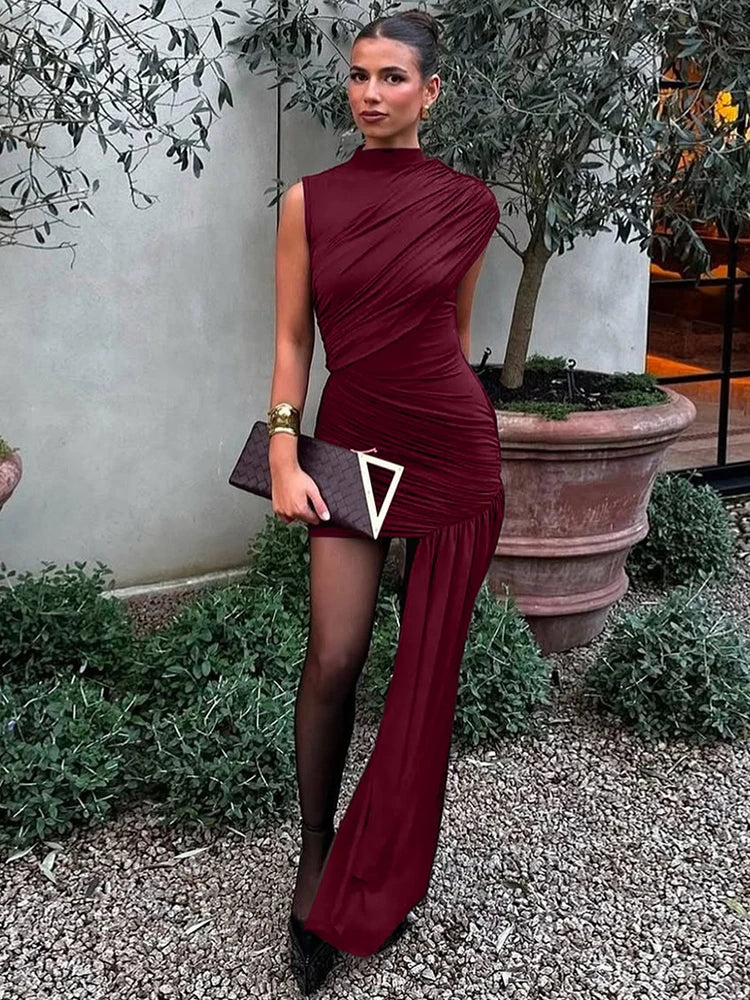 Mozision-minivestido Sexy fruncido drapeado Irregular para mujer, elegante vestido de fiesta plisado de cintura alta sin mangas con cuello alto