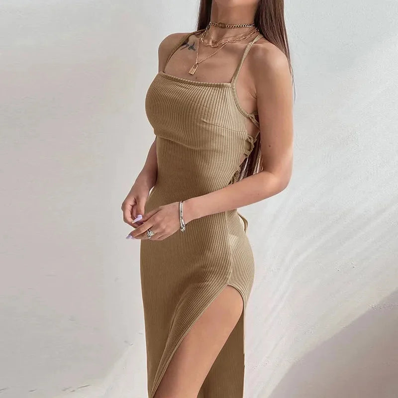 Vestido ceñido largo negro sexi para mujer, Vestidos de verano sin mangas con cuello Halter y tirantes finos, Vestidos con abertura alta