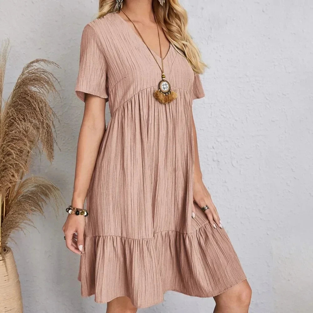 Vestidos de verano para mujer, vestidos de primavera con cuello en V, manga corta, cintura suelta, volantes, acampanados, vestidos de vocación