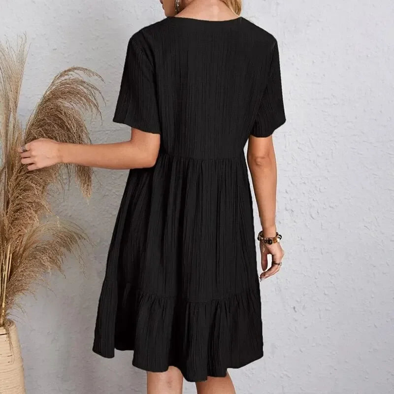 Vestidos de verano para mujer, vestidos de primavera con cuello en V, manga corta, cintura suelta, volantes, acampanados, vestidos de vocación