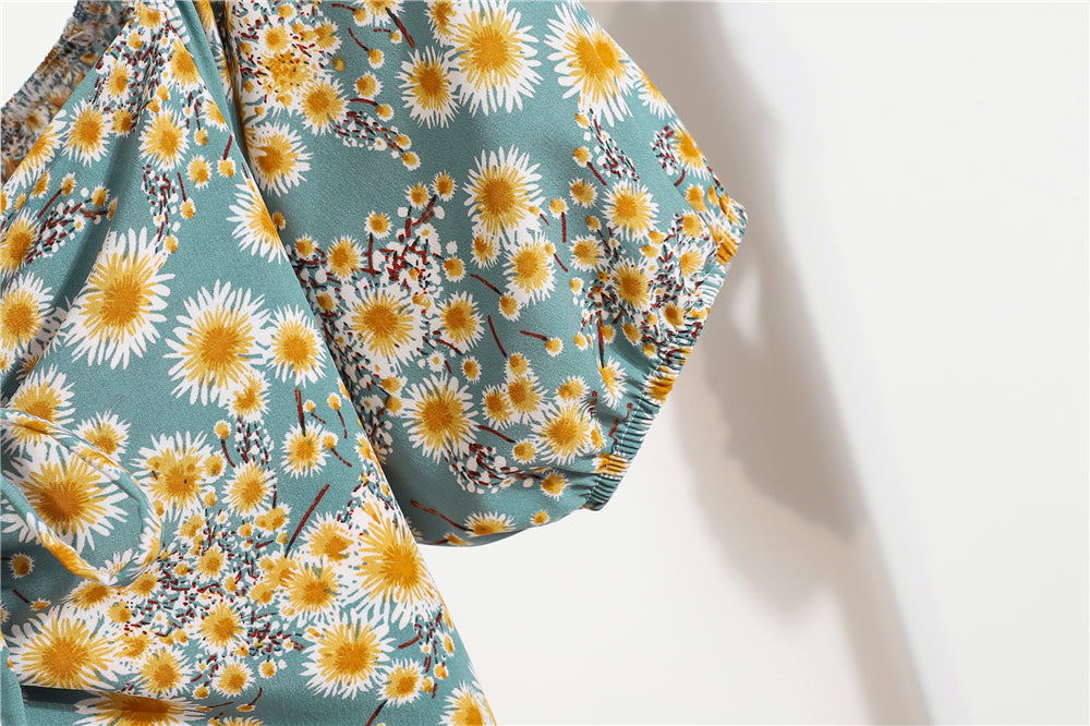 Minivestidos de mujer, moda de verano, Vestidos femeninos con estampado Floral, Vestidos de gasa fruncidos, plisado, manga corta acampanada, vestido informal