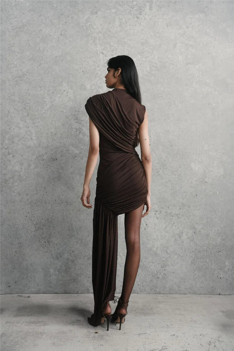 Mozision-minivestido Sexy fruncido drapeado Irregular para mujer, elegante vestido de fiesta plisado de cintura alta sin mangas con cuello alto