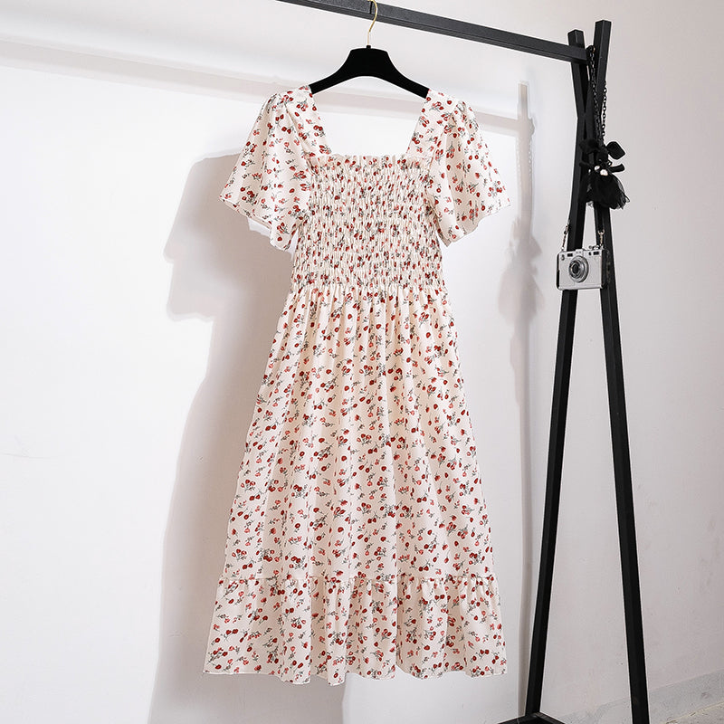 Vestido de gasa de primavera y verano para mujer, vestidos por debajo de la rodilla, manga corta, cintura elástica, estampado Floral, plisado, vestido informal sin espalda