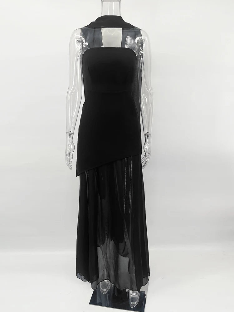 TARUXY moda vestido sin tirantes con cinta mujer elegante sin mangas malla playa vacaciones vestido largo 2025 primavera nuevo vestido de mujer