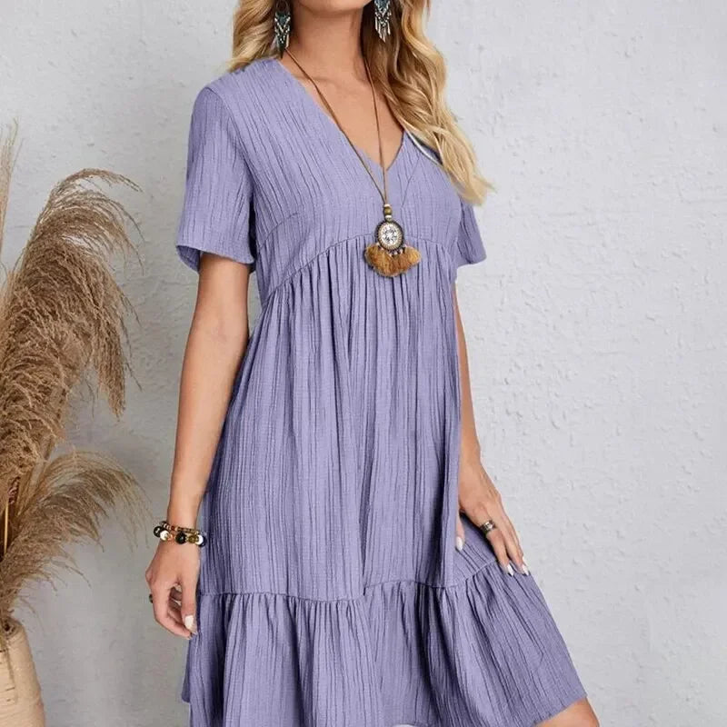 Vestidos de verano para mujer, vestidos de primavera con cuello en V, manga corta, cintura suelta, volantes, acampanados, vestidos de vocación