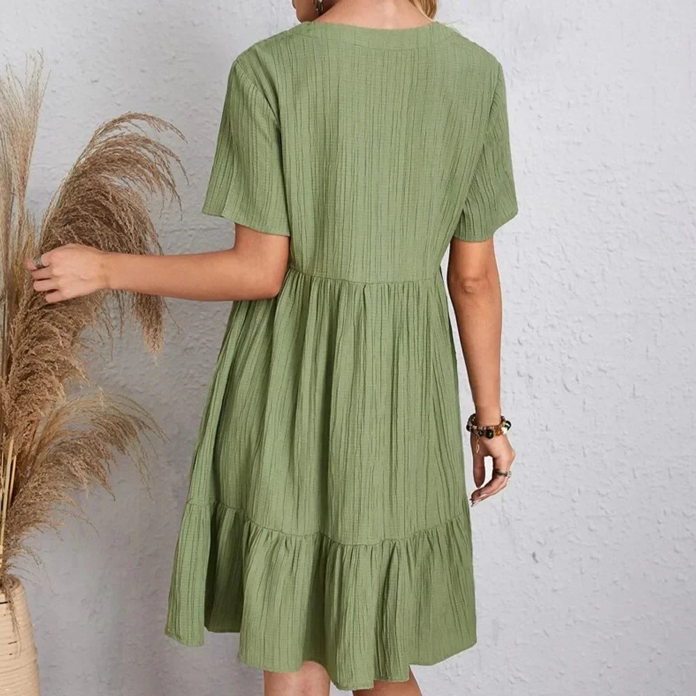 Vestidos de verano para mujer, vestidos de primavera con cuello en V, manga corta, cintura suelta, volantes, acampanados, vestidos de vocación