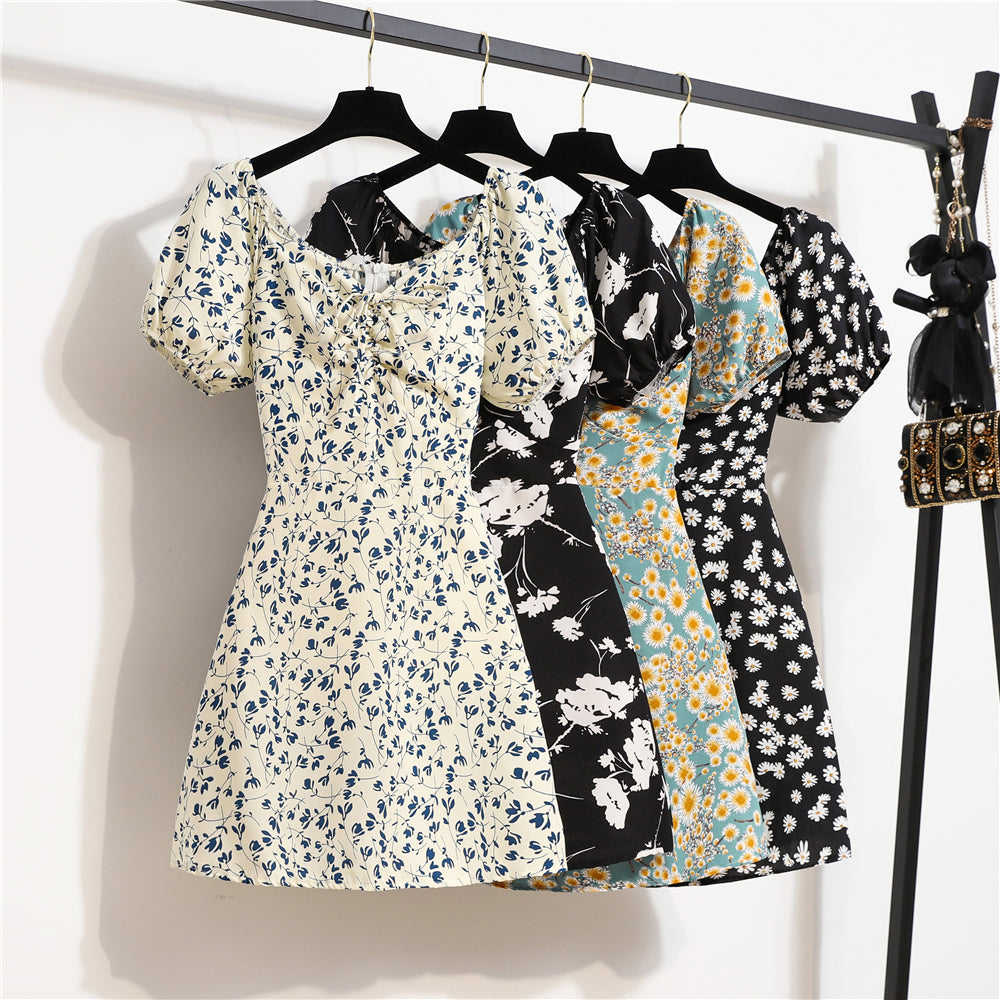 Minivestidos de mujer, moda de verano, Vestidos femeninos con estampado Floral, Vestidos de gasa fruncidos, plisado, manga corta acampanada, vestido informal