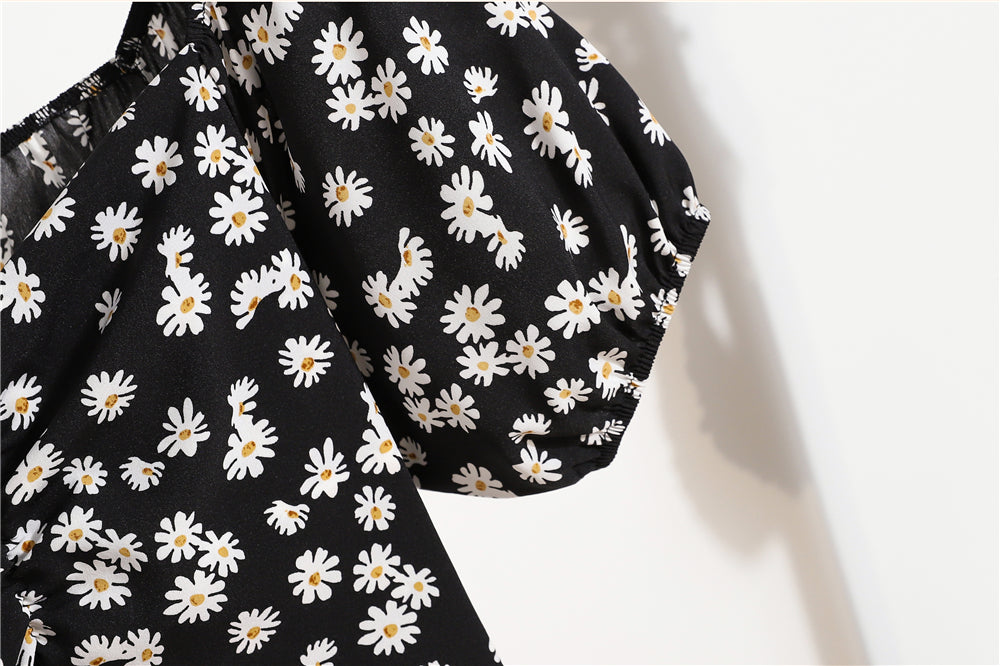 Minivestidos de mujer, moda de verano, Vestidos femeninos con estampado Floral, Vestidos de gasa fruncidos, plisado, manga corta acampanada, vestido informal