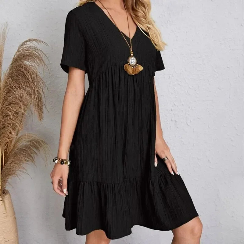 Vestidos de verano para mujer, vestidos de primavera con cuello en V, manga corta, cintura suelta, volantes, acampanados, vestidos de vocación