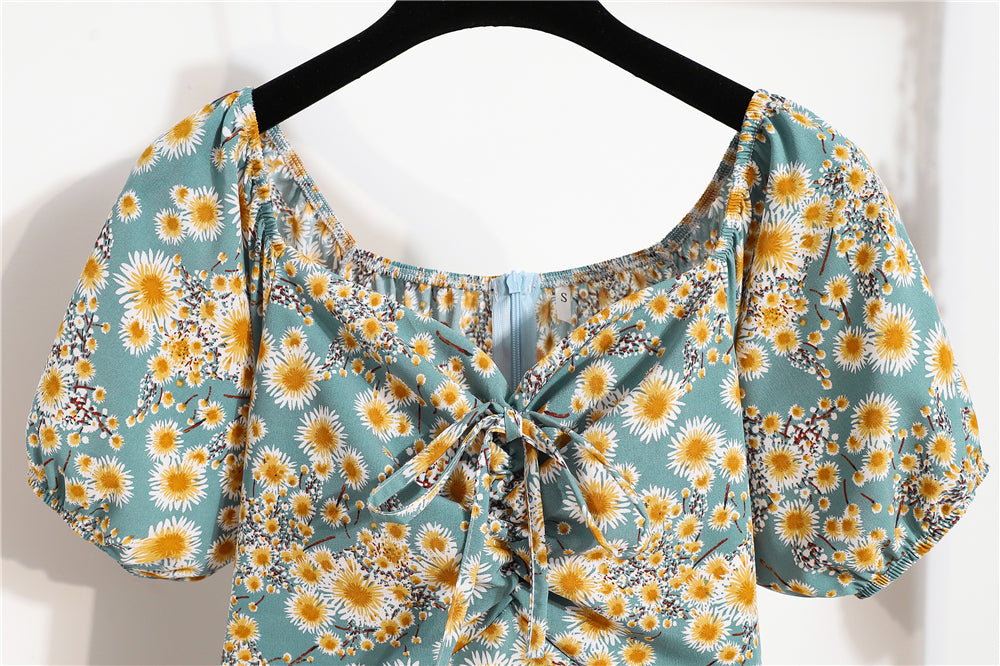 Minivestidos de mujer, moda de verano, Vestidos femeninos con estampado Floral, Vestidos de gasa fruncidos, plisado, manga corta acampanada, vestido informal