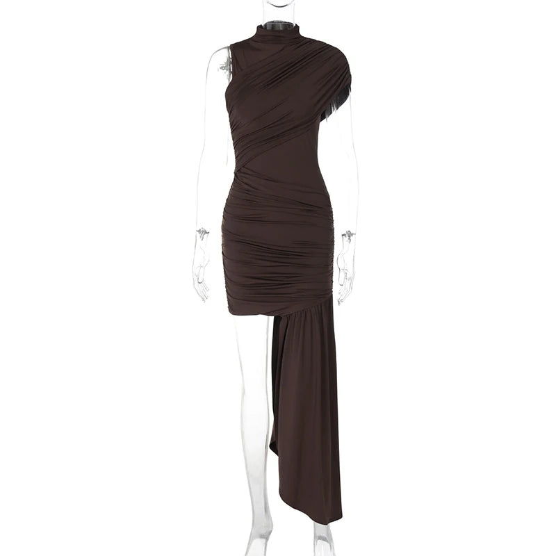 Mozision-minivestido Sexy fruncido drapeado Irregular para mujer, elegante vestido de fiesta plisado de cintura alta sin mangas con cuello alto
