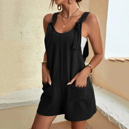 Mono de moda para mujer, verano 20224, sin mangas con tiras, informal, holgado, liso con bolsillos, monos cortos, ropa de calle de oficina para mujer