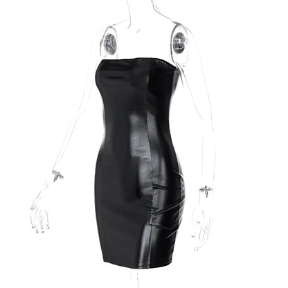 Mujer verano Sexy fiesta sin tirantes ceñido al cuerpo Pu cuero ajustado paquete cadera negro Mini vestido veraniego ropa femenina