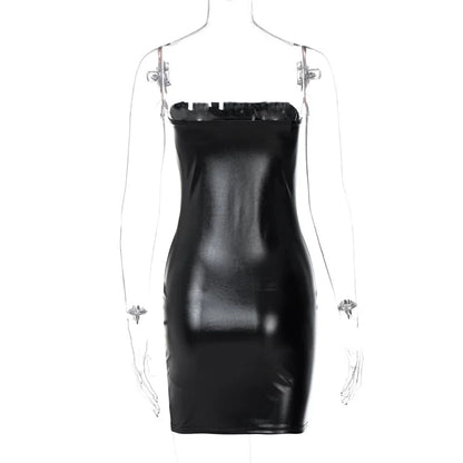 Mujer verano Sexy fiesta sin tirantes ceñido al cuerpo Pu cuero ajustado paquete cadera negro Mini vestido veraniego ropa femenina