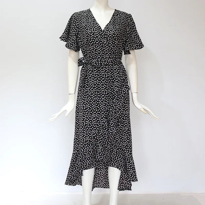 Vestido playero largo sexi con flores para mujer, vestido bohemio de gasa largo con volantes estampado, vestido entallado informal con cuello de pico y abertura de verano